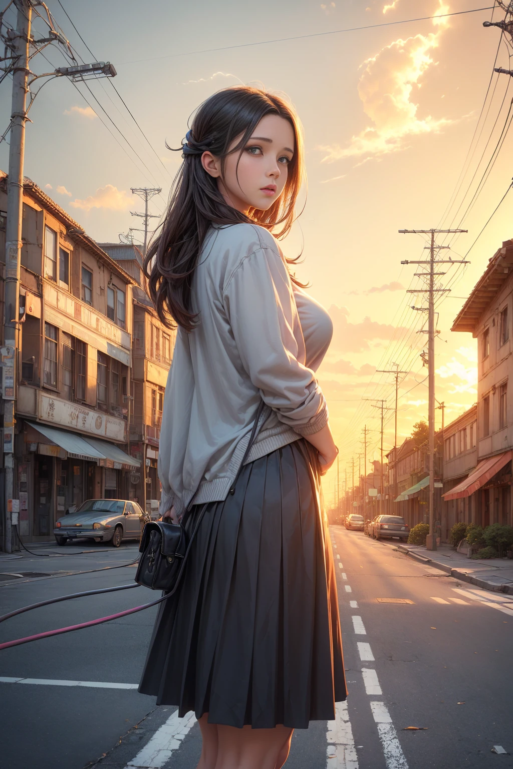 masterpiece, concept art, A beautiful 18-year-old girl in a school uniform skirt, a painting of (electric poles:1.5) in a city street at sunset, telephone wires, gta art, warm sundown, beautiful iwakura, toon aesthetic, colorful house, connecting lines, muffled colours, Jennifer Love Hewitt