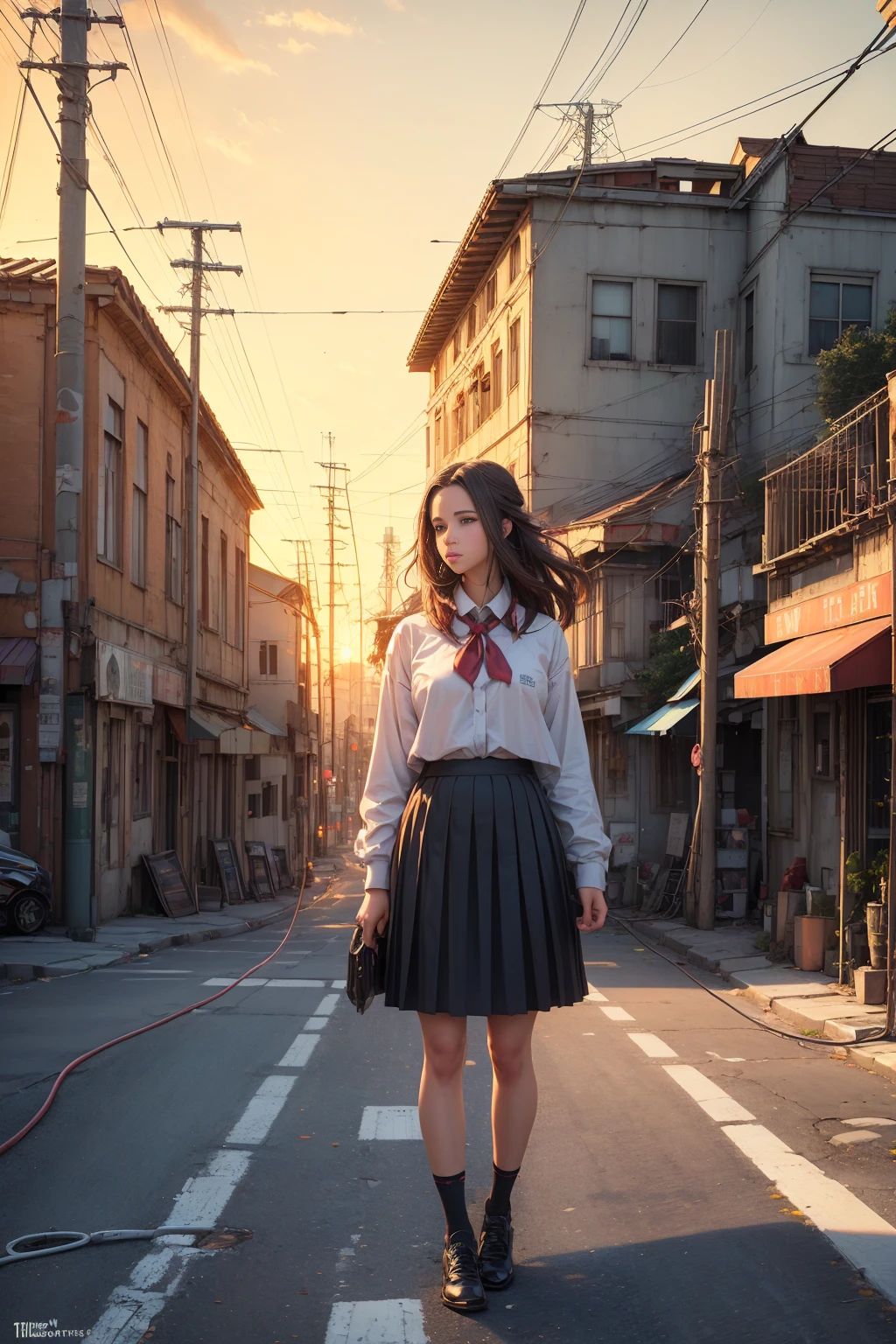 masterpiece, concept art, A beautiful 18-year-old girl in a school uniform skirt, a painting of (electric poles:1.5) in a city street at sunset, telephone wires, gta art, warm sundown, beautiful iwakura, toon aesthetic, colorful house, connecting lines, muffled colours, Jennifer Love Hewitt