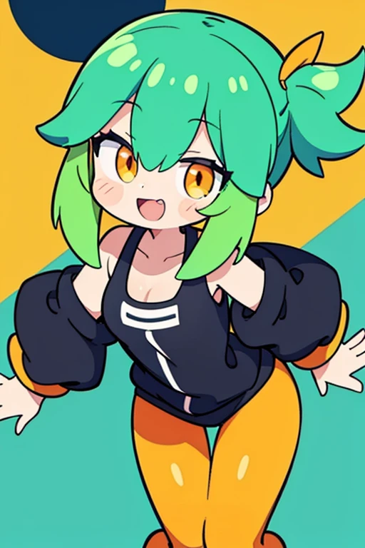 1girl, solo, teen, vtuber girl, green hair, long hair, hair buns, straight hair, green eyes, cat shaped eyes, bodysuit, hoodie, white hoodie, blue scarf, standing, looking at viewer, hands on hips, masterpiece, illustration, 4k