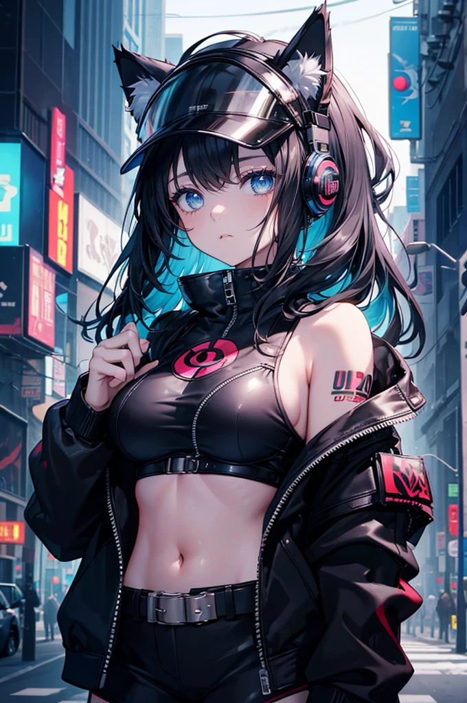 Highest quality、Highest quality、Masterpiece、girl((half、18-year-old、as soon as、Highest Bust、Medium Bust、Wide open chest、Red glowing eyes、Black Ear、Red Mesh、Disheveled Hair、Loincloth、thin、The best valley、Open chest、hair ornaments、Full body view、pants、Sports Bra、Random Pause、smile、headphone))、high quality、Beautiful Art、background((Collapsing Ground、no gravity、Floating Object、City of night))、flight、Flying Debris、Depth of text、movie、Visual Arts、Perfect Art、8K、Genuine、Special Angles