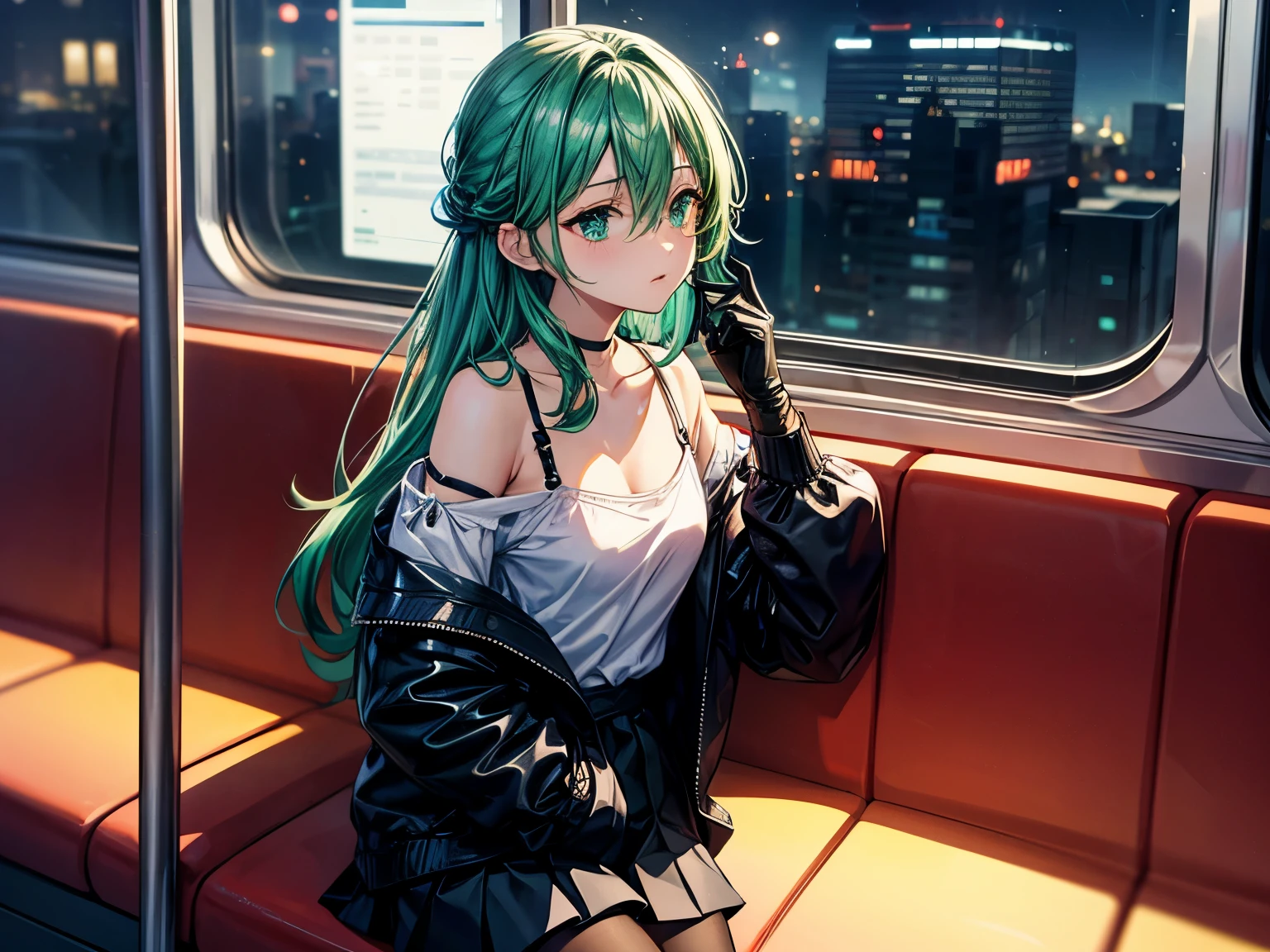 4k anime style, Smooth anime CG, 8k anime, Best quality, High resolution,Superdetail,masterpiece, best quality, illustration, highres, ultra-detailed,Teenager, Anime, Long emerald green hair, Emerald green eyes, B-cup chest, Beautiful waist, bra strap, jacket, looking at window, black gloves, open jacket,  long hair, white shirt, parted lips, open clothes, gloves, hair between eyes, , hand in pocket, 1girl, black jacket, upper body, off shoulder,pleated skirt, pantyhose,looking outside the window,Dark sea at night outside the window,sad,Sad atmosphere,Sitting on a train chair,Leaning,against the window of the train,Blue and dark indoors,a dark night