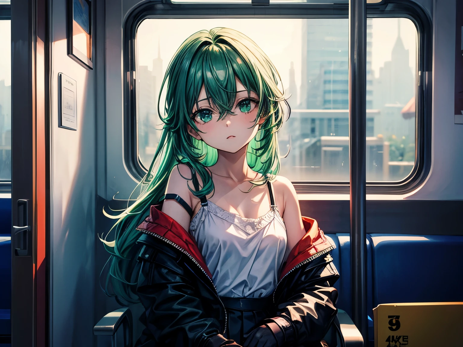 4k anime style, Smooth anime CG, 8k anime, Best quality, High resolution,Superdetail,masterpiece, best quality, illustration, highres, ultra-detailed,Teenager, Anime, Long emerald green hair, Emerald green eyes, B-cup chest, Beautiful waist, bra strap, jacket, looking at window, black gloves, open jacket,  long hair, white shirt, parted lips, open clothes, gloves, hair between eyes, , hand in pocket, 1girl, black jacket, upper body, off shoulder,pleated skirt, pantyhose,looking outside the window,Dark sea at night outside the window,sad,Sad atmosphere,Sitting on a train chair,Leaning,against the window of the train,Blue and dark indoors,a dark night