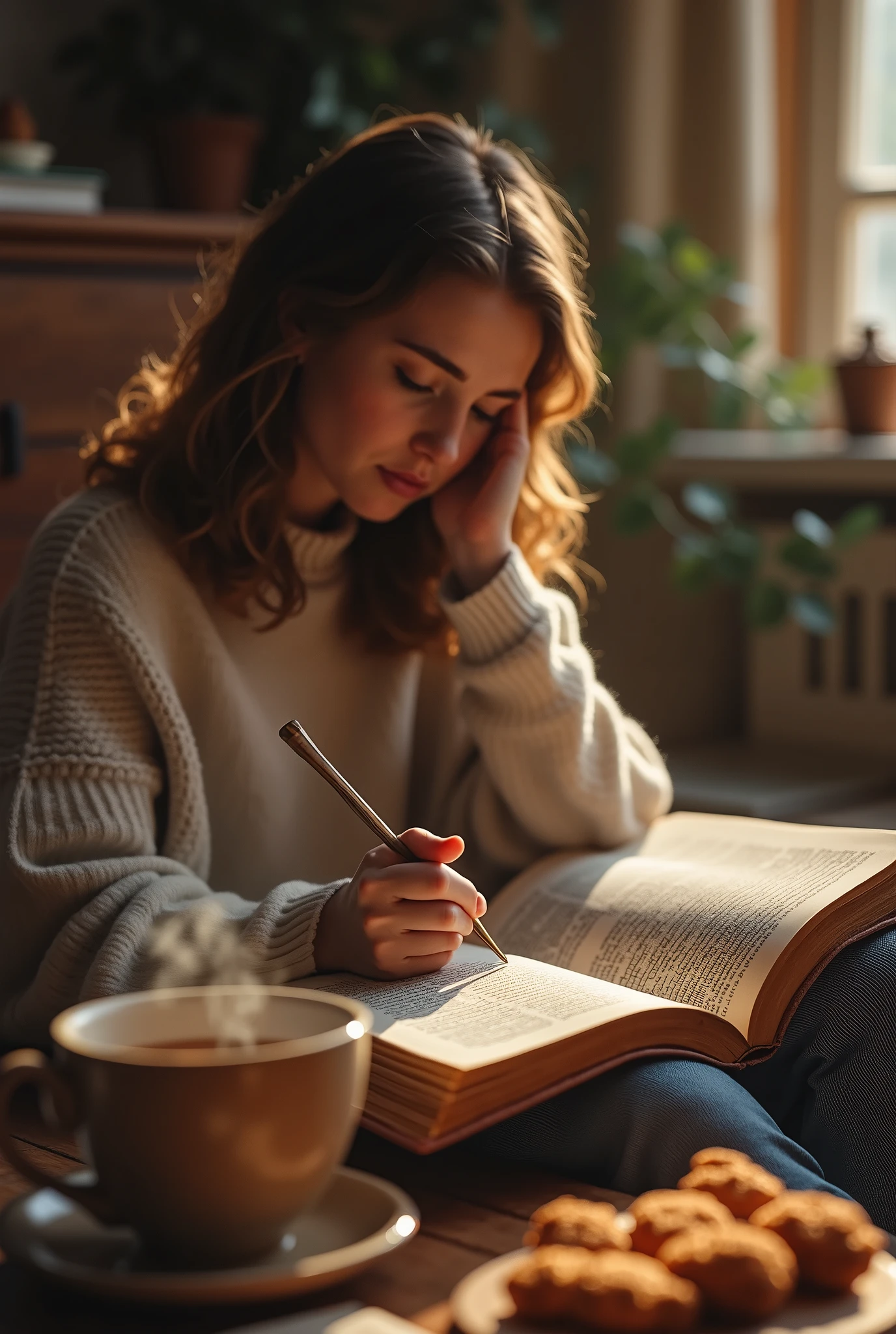 Woman sitting on a couch writing in a book and a cup of coffee - SeaArt AI