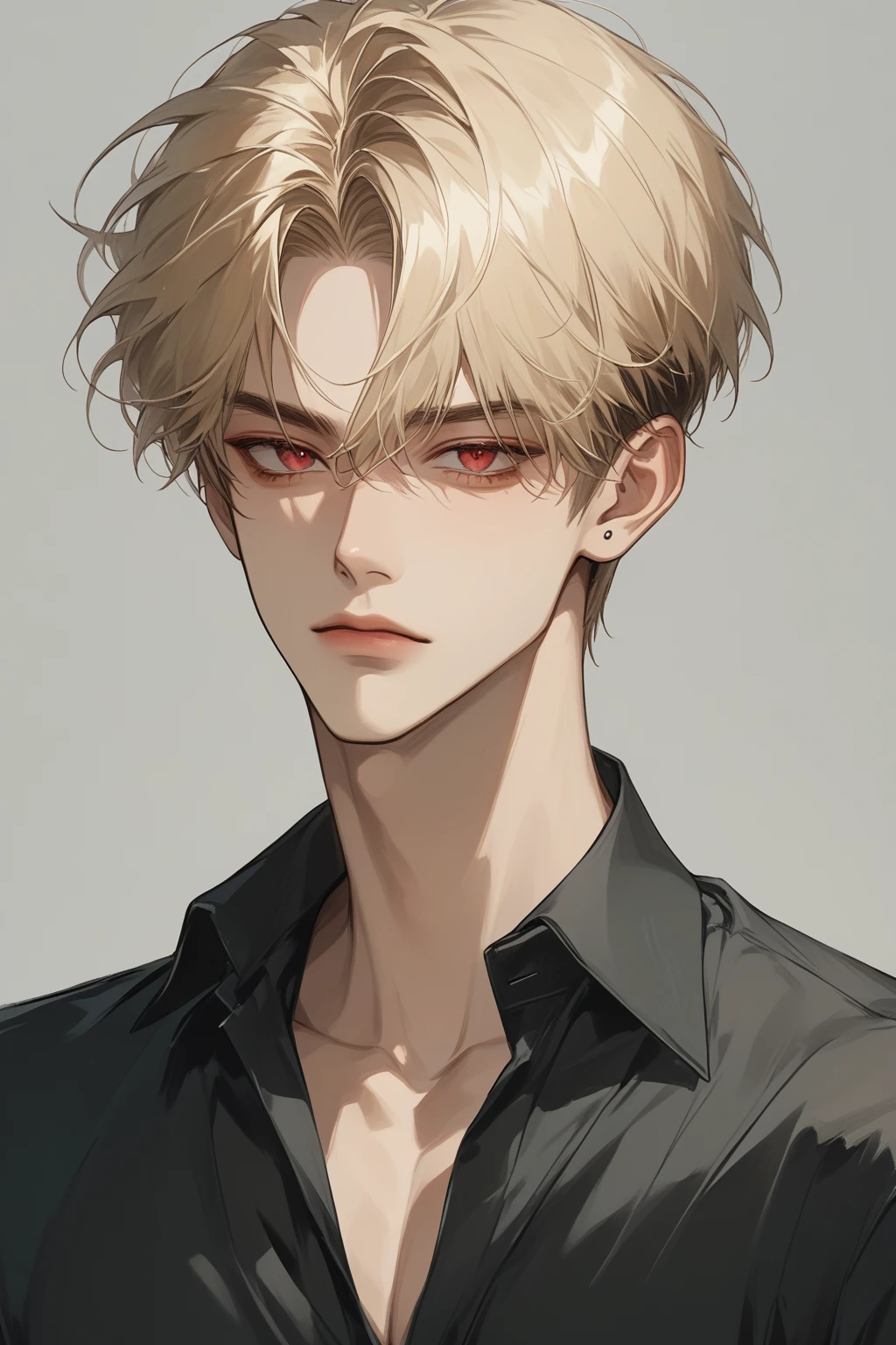 (score_9, score_8_up), short hair, masterpiece, best quality, 1 man , blonde hair , perfect face , red eye , handsome male , Alone, adult male , delicate line drawingimpasto, masterpiece, high resolution, Top quality, unique , 1 male , nice , tanned skin , blonde haired, black shirts, 