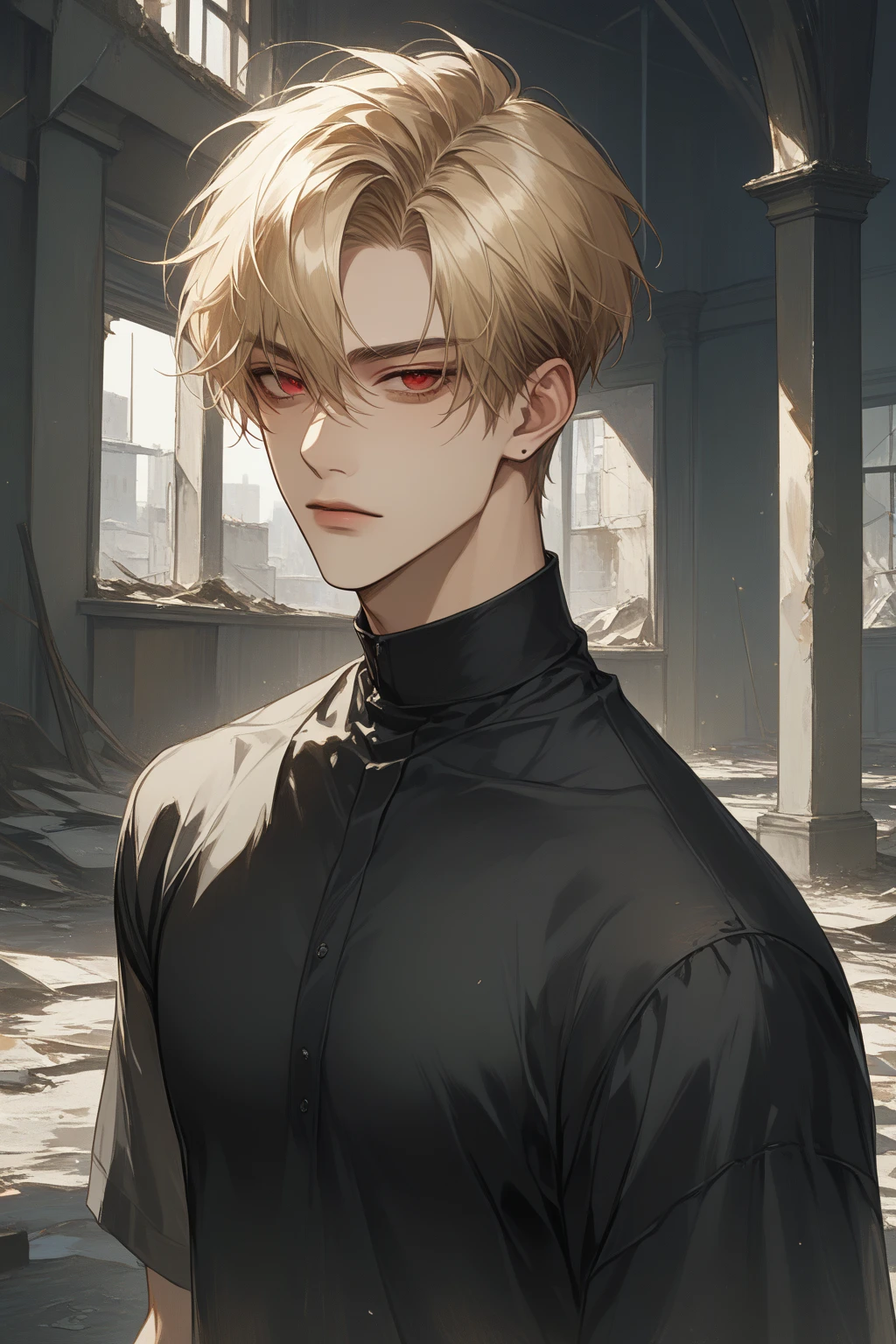 (score_9, score_8_up), short hair, masterpiece, best quality, 1 man , blonde hair , perfect face , red eye , handsome male , Alone, adult male , delicate line drawingimpasto, masterpiece, high resolution, Top quality, unique , 1 male , nice , tanned skin , blonde haired, black shirts, an abandoned building