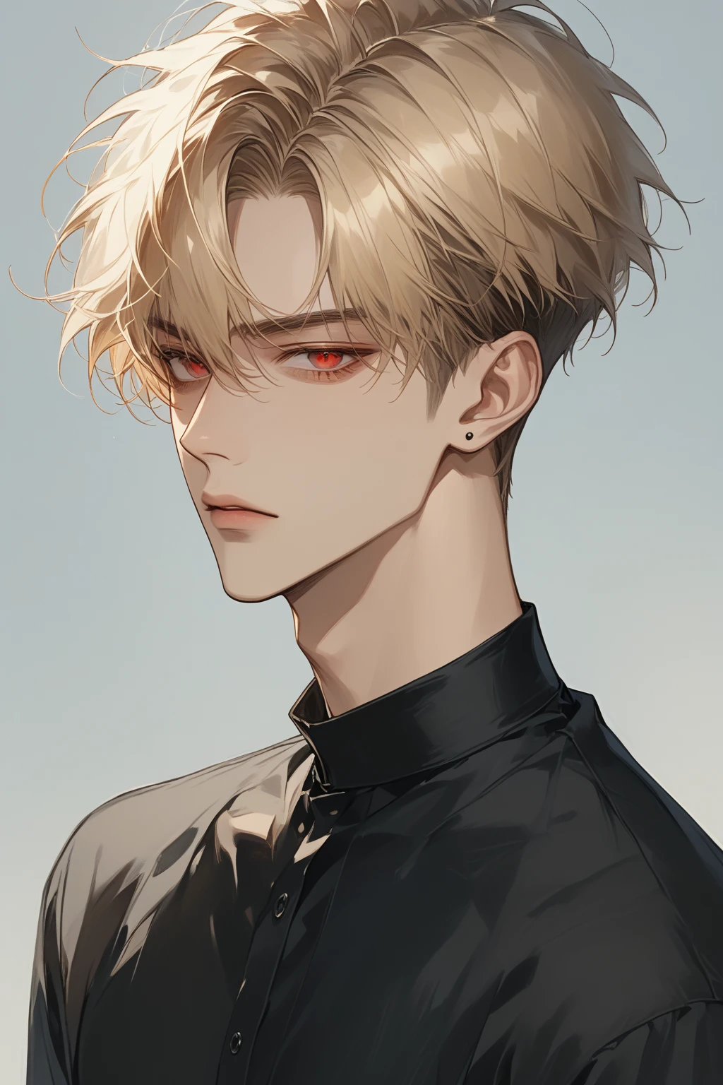 (score_9, score_8_up), short hair, masterpiece, best quality, 1 man , blonde hair , perfect face , red eye , handsome male , Alone, adult male , delicate line drawingimpasto, masterpiece, high resolution, Top quality, unique , 1 male , nice , tanned skin , blonde haired, black shirts, 