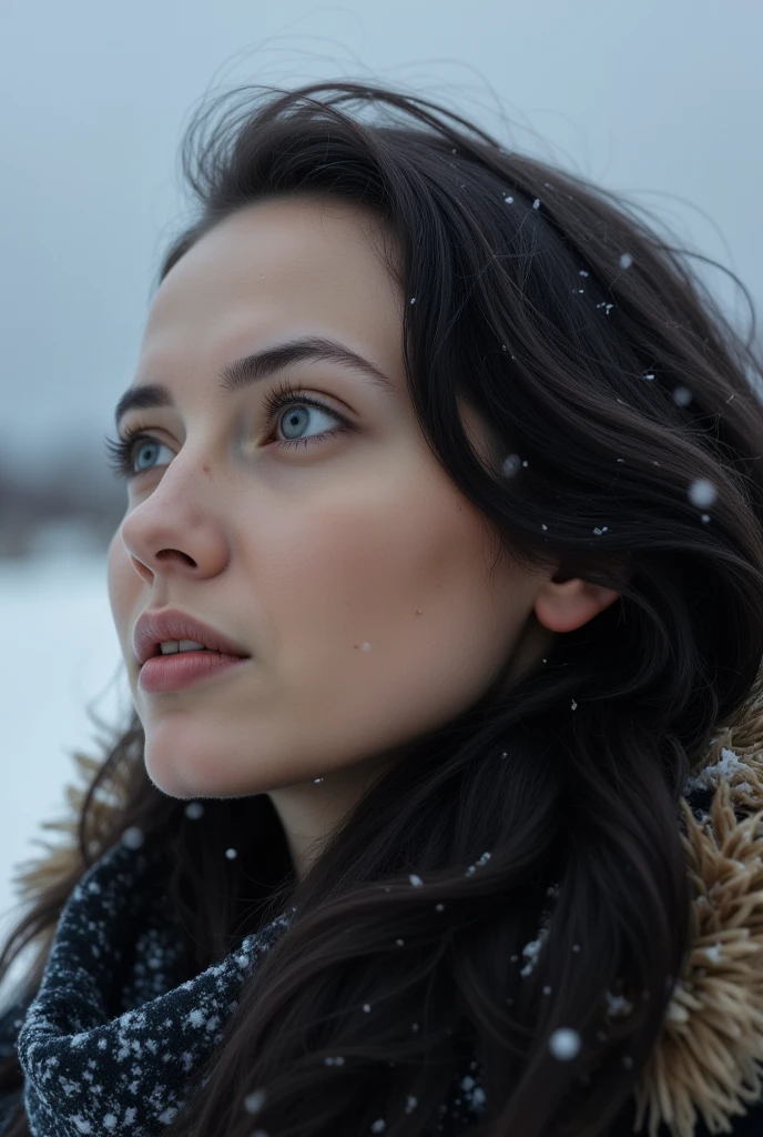 realism, score_9, score_8_up, score_7_up, cinematic film still, beautiful woman, no make up, winter outfit, blush, black hair, head tilt, hair blowing in the wind, arctic circle snow drift, snowing, snowflakes, cold, chill bumps, approaching perfection, dynamic, highly detailed, smooth, sharp focus, intricate details, shallow depth of field, vignette, high budget, bokeh, cinemascope, moody, epic, gorgeous, film grain, grainy