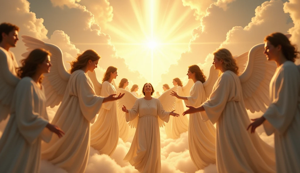 Nurse being hugged by joyful souls , Whole body , and in the background the space 