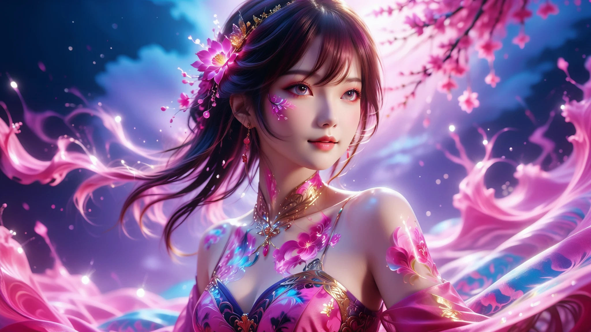 A Masterpiece In 32K Resolution, Supreme Quality, Super Detail, Official Art, Cinematic Lighting, Beautiful And Aesthetic, Ultra-Detailed Features, Very High-Resolution 32K Wallpaper. Create A Dreamy And Ethereal Image Featuring A Vivid Color Splash With An Ink Texture. Incorporate Paint Splatter In A Vibrant Magenta Shade. The Focus Should Be On A Japanese Half-Length Beauty With An Enchanting, Highlighting Her Ample Breasts, Playful Smile. Include Elements Like Ink Drops And Drifting Clouds, Ensuring That The Shadows Are Bold And True. The Scene Should Also Feature Glow-In-The-Dark Effects, Eye-Catching Highlights, Gentle Lighting, And Intricate Details, All In High Quality. This Should Be A Masterpiece.