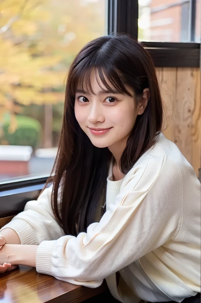 (masterpiece, best quality, perfect anatomy, highres, 8k, realistic, photorealistic, natural skin texture, no makeup:1.2), (morning:1.5), 1girl, solo, Japanese, age20, female university student, very cute, (large breasts:1.4), sitting by a café window on an autumn afternoon, holding a latte in one hand, resting her other hand lightly on the windowsill, Her soft, playful smile reflects her cheerful and charming personality, The sunlight streams through the window, highlighting her delicate features, She wears a stylish mini skirt and a beret, with her long hair gently cascading over her shoulders, Cozy and inviting café interior, soft autumn colors in the background, vertical composition, jp idol, inugao