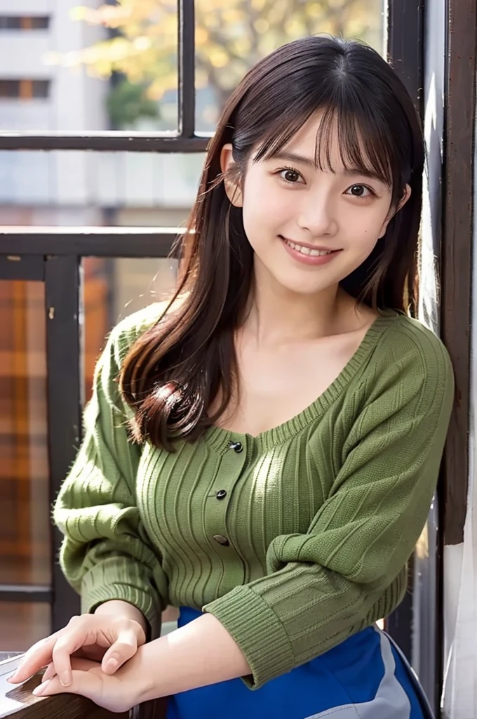 (masterpiece, best quality, perfect anatomy, highres, 8k, realistic, photorealistic, natural skin texture, no makeup:1.2), (morning:1.5), 1girl, solo, Japanese, age20, female university student, very cute, (large breasts:1.4), sitting by a café window on an autumn afternoon, holding a latte in one hand, resting her other hand lightly on the windowsill, Her soft, playful smile reflects her cheerful and charming personality, The sunlight streams through the window, highlighting her delicate features, She wears a stylish mini skirt and a beret, with her long hair gently cascading over her shoulders, Cozy and inviting café interior, soft autumn colors in the background, vertical composition, jp idol, inugao