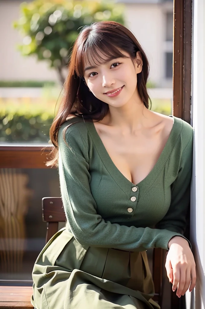 (masterpiece, best quality, perfect anatomy, highres, 8k, realistic, photorealistic, natural skin texture, no makeup:1.2), (morning:1.5), 1girl, solo, Japanese, age20, female university student, very cute, (large breasts:1.4), sitting by a café window on an autumn afternoon, holding a latte in one hand, resting her other hand lightly on the windowsill, Her soft, playful smile reflects her cheerful and charming personality, The sunlight streams through the window, highlighting her delicate features, She wears a stylish mini skirt and a beret, with her long hair gently cascading over her shoulders, Cozy and inviting café interior, soft autumn colors in the background, vertical composition, jp idol, inugao