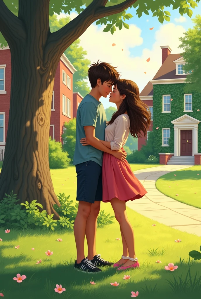 I want an image of a girl and boy hugging each other  from back angle in foreground. In background there should be a road ,buiilding and trees aside like a college