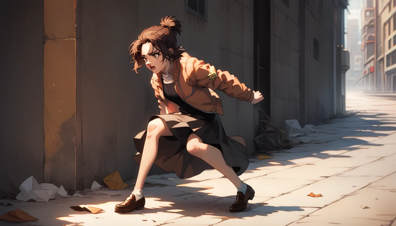 score_9, score_8_up, score_7_up, BREAK source_anime, gabi braun, brown eyes, brown hair, single hair bun, black dress, jacket, loafers,