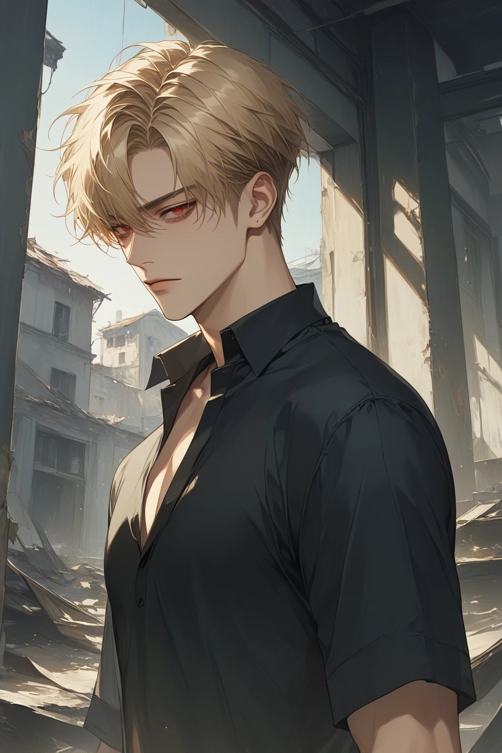 (score_9, score_8_up), short hair, masterpiece, best quality, 1 man , blonde hair , perfect face , red eye , handsome male , Alone, adult male , delicate line drawingimpasto, masterpiece, high resolution, Top quality, unique , 1 male , nice , tanned skin , blonde haired, black shirts, an abandoned building