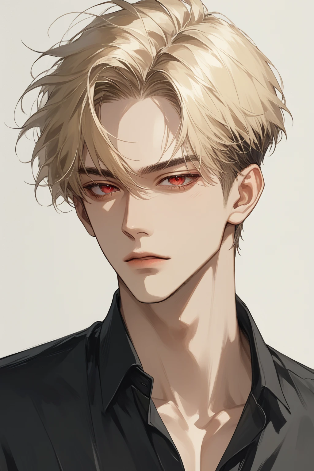 (score_9, score_8_up), short hair, masterpiece, best quality, 1 man , blonde hair , perfect face , red eye , handsome male , Alone, adult male , delicate line drawingimpasto, masterpiece, high resolution, Top quality, unique , 1 male , nice , tanned skin , blonde haired, black shirts, 