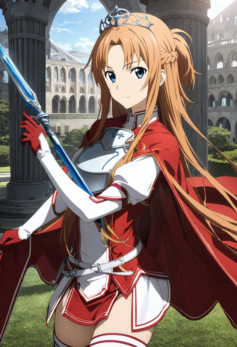  top quality 、 Unity 8k wallpaper 、32K、masterpiece、 very detailed、 super high res、 very detailedな顔,  RAW photo,  Professional ,  Super Detailed Painting ,　Platinum tiara with red gemstones、(((Red Nun Cape)))、( 20～Female magical warrior,  white and gold breastplate  , Yuuki Asuna,  brown eyes, Brown Hair,  long hair, bangs, braid
Yuuki Asuna,  blue eyes, Red and white leotard、((( with side armor and long slits 、Red and white gold-embellished tight skirt)))、Puff sleeve with shoulder pad 、 large white ribbon with a large sapphire on her chest、White and red long gloves、White and red thigh-high stiletto boots、whole body、  he has a spear with a blue blade  