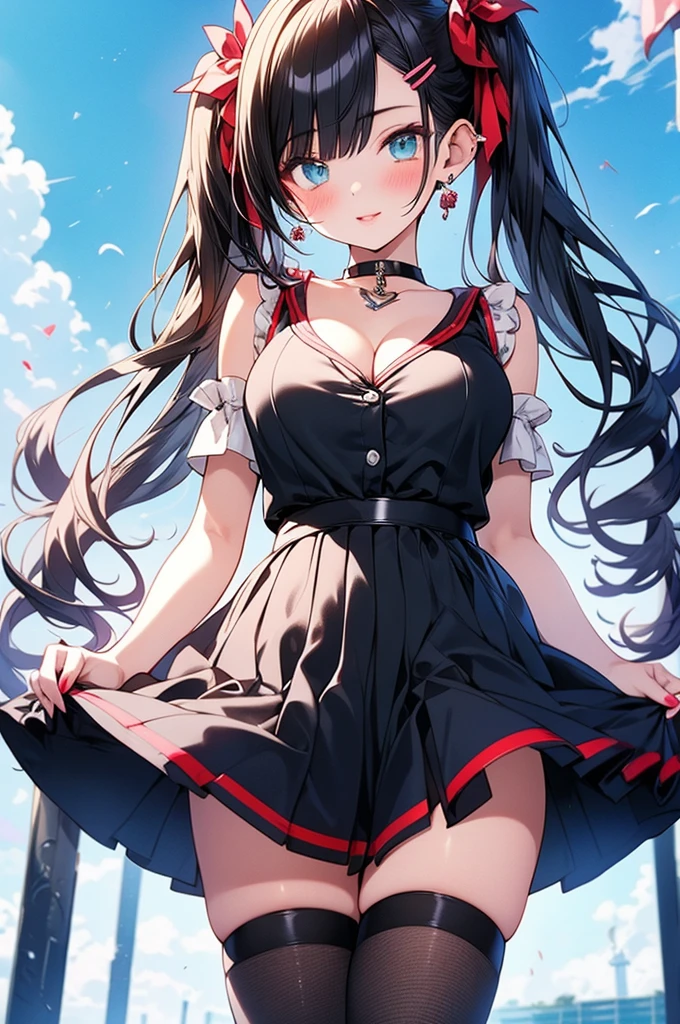 masterpiece, highest quality, One Girl, Thighs, beautiful girl, Flowers, たくさんの小さなflowerびら, flower、Small waist, RAWphotograph,Bright lighting、Face Light, Ultra-realistic, High resolution, photograph, Sharp focus, Highly detailed eyes and face,Symmetrical face, whole body、Large Breasts、Long Hair、チラリと見えるThighs、Cleavage、Red Micro andals、White lace shirt、Sleeveless、Her hair was tied with a big red ribbon、White high heels、Lying on the roof