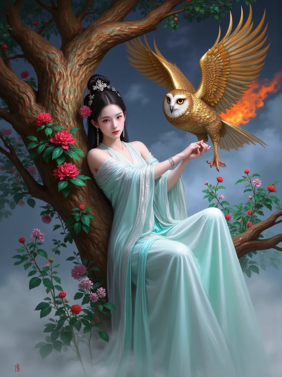 Chinese aesthetics，Portrait，Portrait of a Chinese person ，
(painting_smear：1.4, Heavy texture, Warm colors,  traditional media , smear)， on the dim candlelight background ， orange flames outline a flame style silhouette ((Magician)) And the owl ， bioluminescence ，