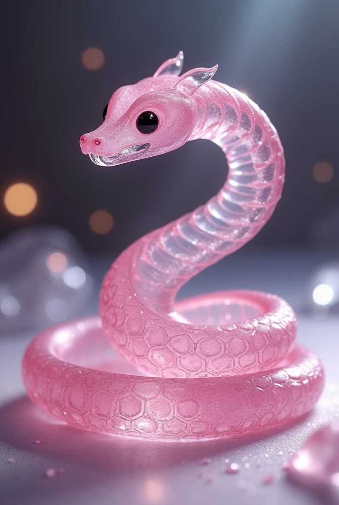 Very delicate tiny pink snake made of translucent glass, decorated with small gold and red colors. Beautiful and delicate details, shimmering light. Finest quality glass art.