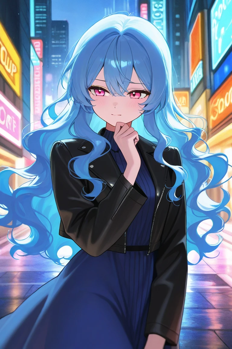 woman long wavy bright blue hair, pink eyes, poker face, dress with black jacket, long road, city rain, long wavy hair, look above