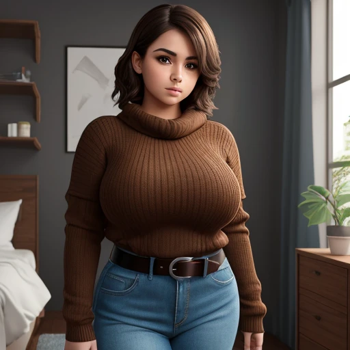 woman milf, brunette, curly hair, big , tattoo in the arms, comfortable gray sweater, sweating a lot, embarrassed expression, sitting with her legs open and with your hands covering your intimate region on the living room sofa ((red blush, excited))