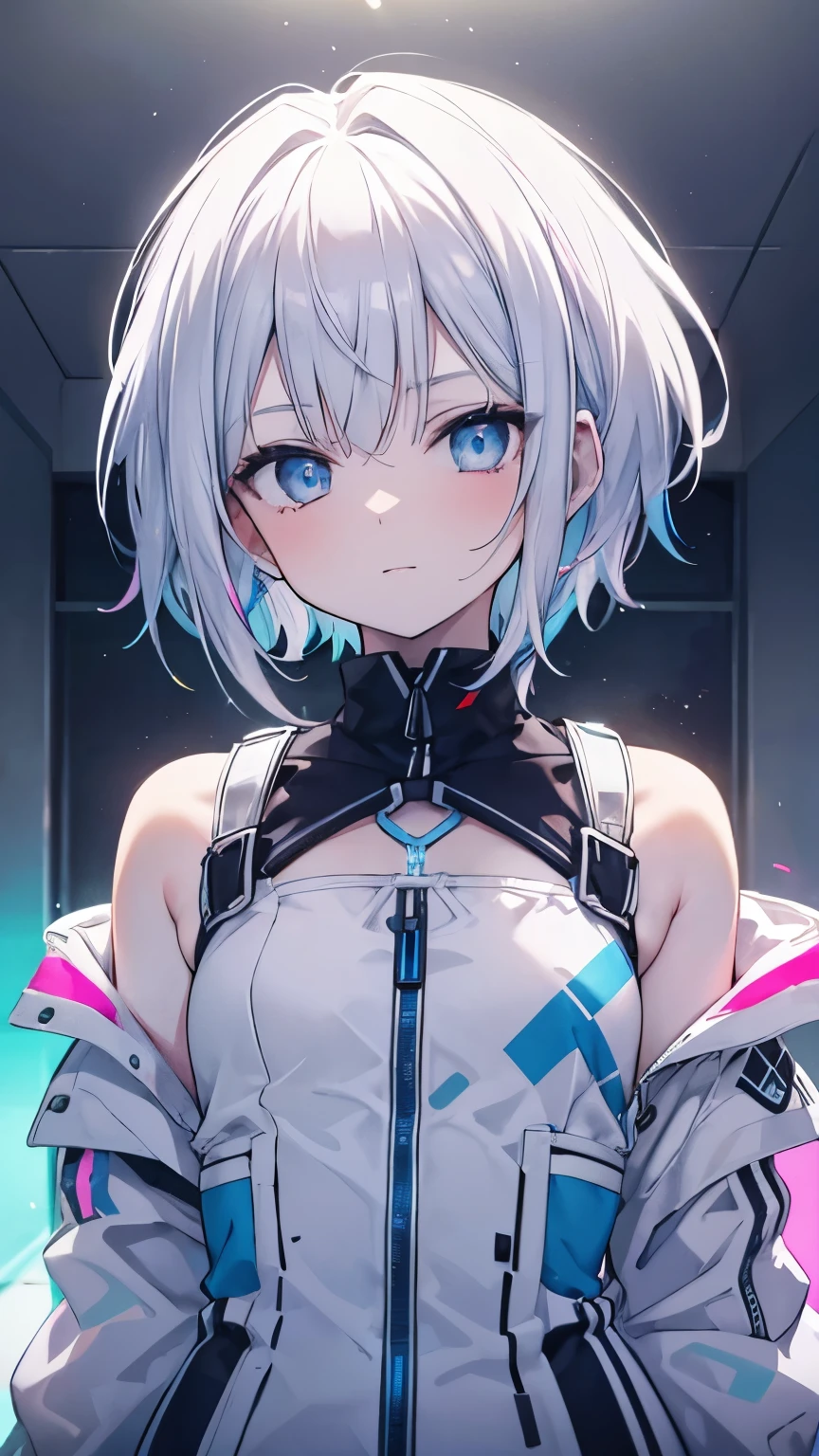 (masterpiece), (best quality), 1 girl, upper body, happy, backlit, _style, white hair, neon_palette, shading, rainbow, short hair,, light blue eyes, pale skin, gamer outfit, small breasts, illustration from chest up, simple white background, nape, light blue blood pack, light blue blood, mental illness, medicine, capsule pill, pill,