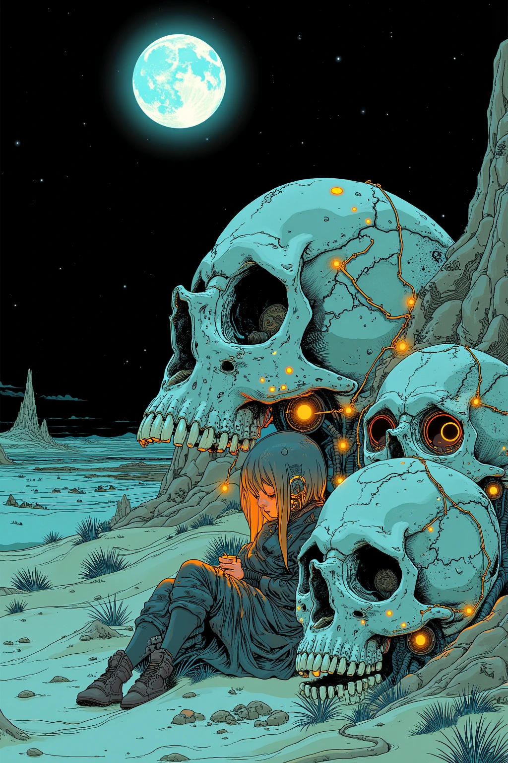   woman sitting on the side of a luminous skull、 Skulls are the only light source、Dark Desert 、Moebiusの絵にインスパイアされたエッチング, hieronymus bosch and Moebius,  Jean Girard and Waterhouse , ( Moebius ), inspired by jean Moebius giraud, in the stlye of Moebius, by jean Moebius giraud, 