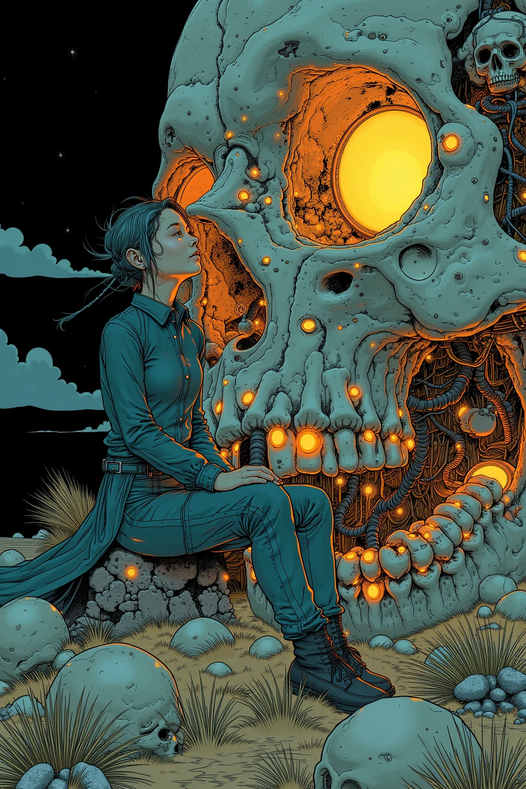   woman sitting on the side of a luminous skull、 Skulls are the only light source、Dark Desert 、Moebiusの絵にインスパイアされたエッチング, hieronymus bosch and Moebius,  Jean Girard and Waterhouse , ( Moebius ), inspired by jean Moebius giraud, in the stlye of Moebius, by jean Moebius giraud, 