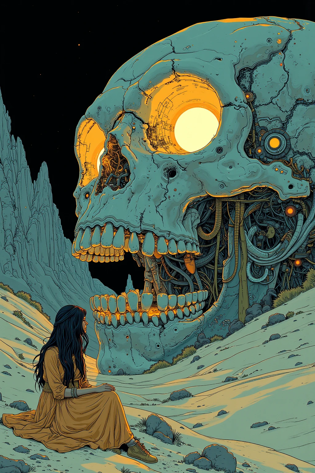   woman sitting on the side of a luminous skull、 Skulls are the only light source、Dark Desert 、Moebiusの絵にインスパイアされたエッチング, hieronymus bosch and Moebius,  Jean Girard and Waterhouse , ( Moebius ), inspired by jean Moebius giraud, in the stlye of Moebius, by jean Moebius giraud, 