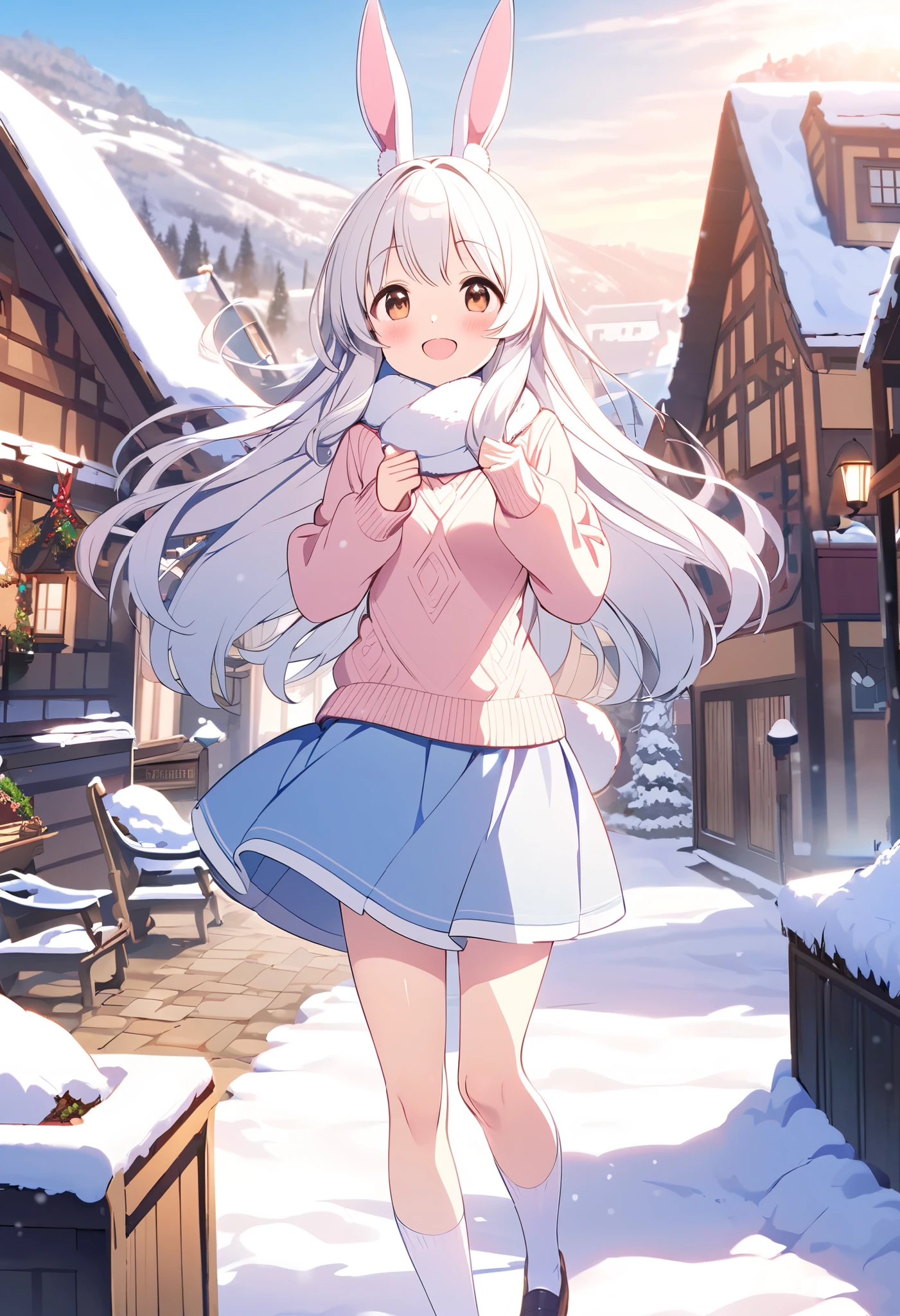  top quality 、round face、 slender body、  small breasts、  rabbit ears and tail  、 long hair、Shiny white hair 、 brown eyes、 light pink sweater 、 light blue skirt、 holding white socks 、 smile、blush、  raise both hands 、Village with a snowy landscape  
