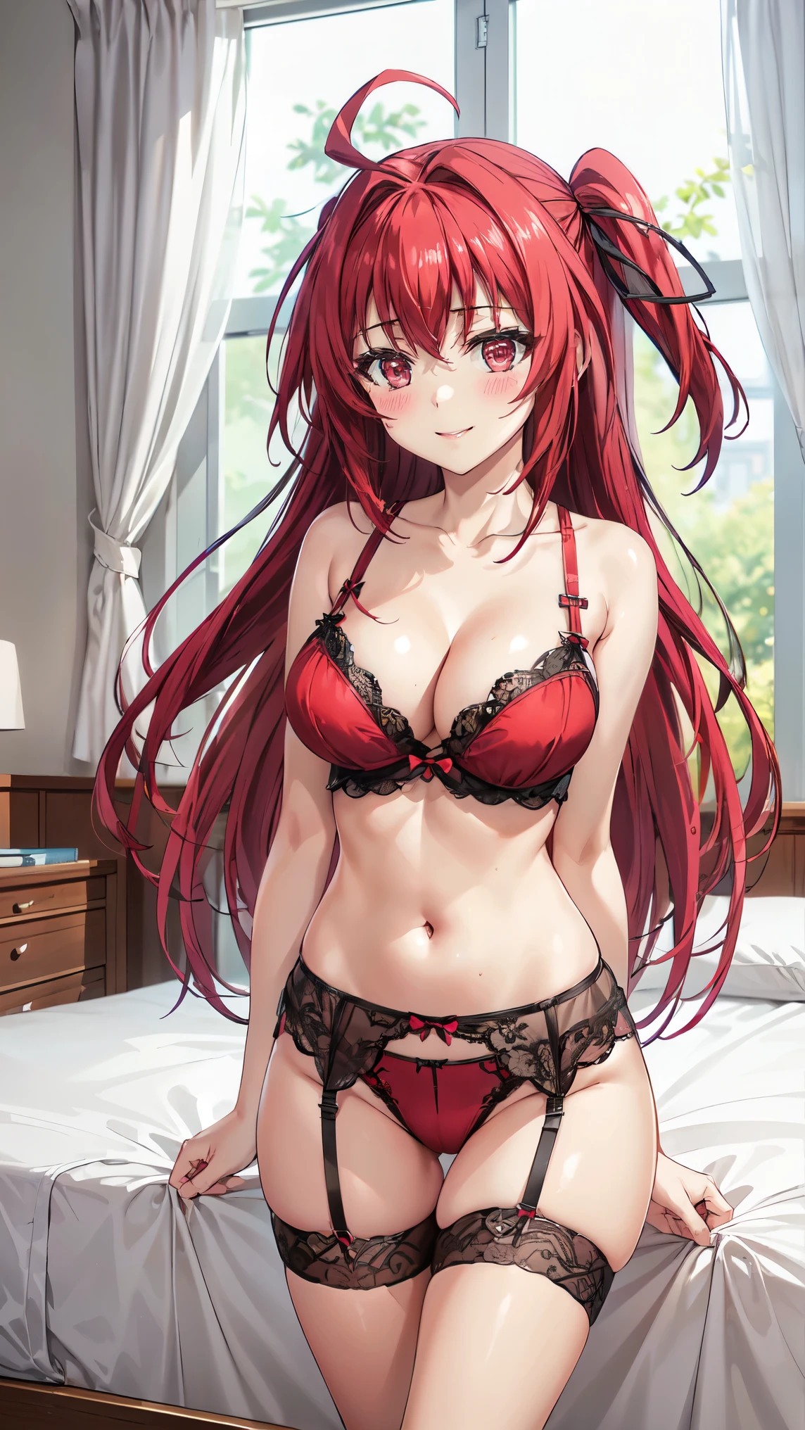 masterpiece , best quality , high resolution , (1 girl alone:1.38) , (My Naruse, long hair , red-haired, ( red eyes :1.5), ahoge, straight red hair,) , ( cleavage:1.2) , (medium breast:1.28) , ( , belly , navel , wearing sexy red lingerie,wearing garter belt with socks ) , ( arms behind my back . hands behind the back ) , ( cleavage:1.15) , ( Big breasts :1.1) , (view of the face , Look at the view ) , (in the room, on the bed, pose sexy:1.5) , (standing , legs , thighs , cowboy shot) , ( full face blush , trusting , erotic smile ,)