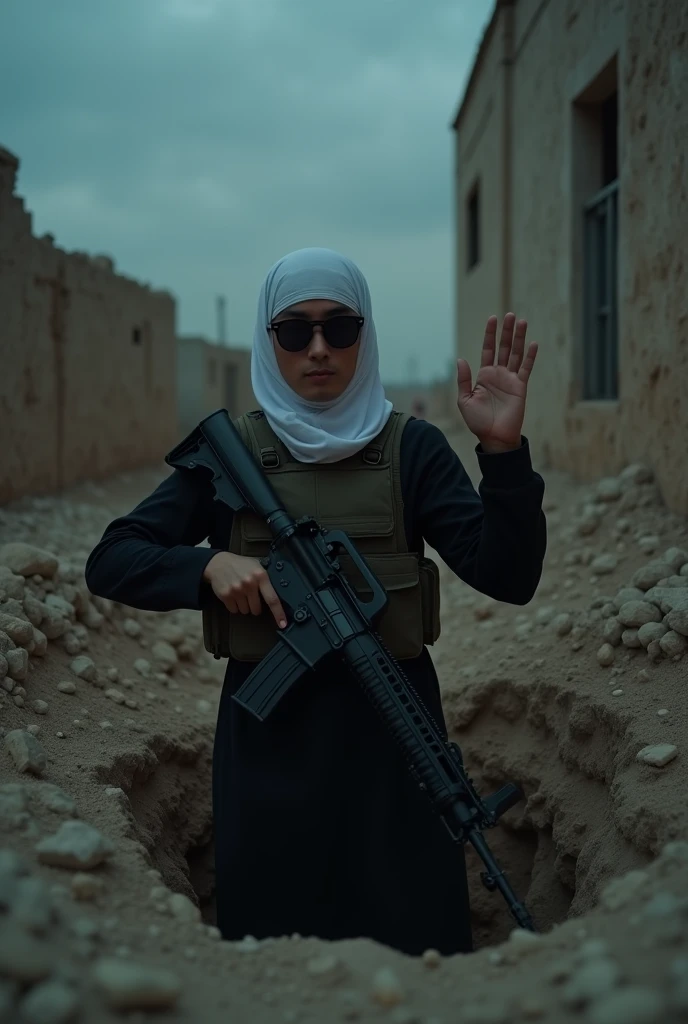 girl,hijab,hijab outfit,,ayame misaki, super big breast,(P cup breast),screamed,beautiful cry,in the city,police,pistol,gun,police outfit,