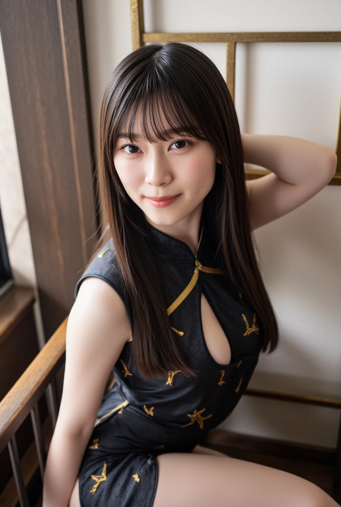 (((top-down configuration:1.4))), (best quality:1.4), (ultra highres:1.2), (photorealistic:1.4), (16k, RAW photo:1.2), (portrait shot:1.3), professional lighting, Japanese goddess, gravure, detailed face and skin texture, detailed eyes, looking at camera, nsfw, beautiful eyes, detailed eyes, beautiful face, detailed face, ((shy:1.3)), (highest quality), glowing skin, (smooth lighting:1.2), (cinema lighting:1.2), (brown long hair), (bangs:1.4), (((China dress:1.2)), ((cheongsam:1.5)), (black dress), (brocade dress:1.3), sleeveless, (emphasize cleavage:1.2), (((cleavage cutout:1.8))), (((clothing cutout))), (((flat chest:1.3))), ((nipples erection:1.4)), ((tight mini skirt:1.6)), ultra detailed dress, (gold decoration), (bare thighs:1.4), (bare legs:1.2), sitting down, leaning forward, (arms behind head:1.3), (emphasize armpit:1.4), (slender:1.6), (from slightly side)