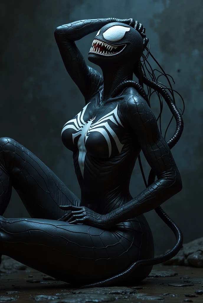 score_9, score_8_up, score_7_up, 1 she-venom, she-venom, sit (in black armchair:1.2) on (dark room:1.2), sexy pose, ((she-venom)), ((showing the tongue))