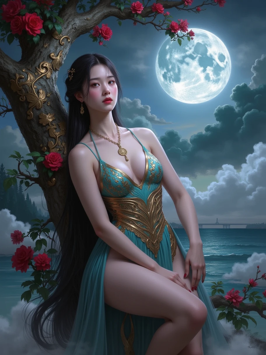 una pintura de una mujer con el pelo largo y ondulado, plumeria design t-shirt, arte digital inspirado en Cyril Rolando, tendencias en la sociedad CG, digital art fantasy, vistoso digital fantasy art, maravilloso arte digital, hermoso arte uhd 4k, exquisite digital illustration, obra maestra, foto de cuerpo completo, black and brown hair, pelo largo estilo afro, Agua real, Bathing in a river pond, Arte extremadamente detallado, Rubor, agua corriendo por el cuerpo, small breasts, Piernas abiertas, sexual excitement, sexual expression, piel brillante, intrincado, elegante and muy detallado digital photography, pintura majestuosa y surrealista, Filigrana de mariposa dorada, hermosos ojos finamente detallados: 1.2), HDR, (obra maestra), Mejor calidad, ojos expresivos mirando por el rabillo del ojo, cara perfecta, retrato de una bella diosa con pelo afro, pelo largo en trenzas y afro, piel morena latina, intrincado digital photography, elegante, muy detallado,(Detailed background window to a new dimension, Plantas y flores: 0.7) cielo nocturno con luna llena, muy detallado face and body, cinematic lighting, fotorrealista, 1 chica, 18 years, dark brown eyes, Ojos grandes, Labios rosados, bald pussy, bien iluminado, hermoso y estetico: 1.2), (Arte Fractal: 1.3), vistoso, Beautiful goddess emerging from the ocean, cuerpo femenino completo, Olas salvajes, grandes olas, tatuajes de mandala oriental, vestidos transparentes fusionados con el mar, cielo tormentoso, cielo del atardecer, nubes de tormenta rojas, Antiguo templo flotando en el mar, Viejo reloj flotante, lamp, linterna, Hermosa chica con una leve sonrisa, bosque, Flores y rosas, vagina visible, sin bragas, ((Sitting on a marble pedestal)), vista frontal, magia, world of The Lord of the Rings, cascada, mandala and flower tattoos on cuerpo desnudo, dedos de los pies sumergidos en el agua, cielo mayormente nublado (muy detallado CG unity 8K wallpaper), senos expuestos, desnudos,, cuerpo desnudo,Chel, una pintura de una mujer con el pelo largo y ondulado