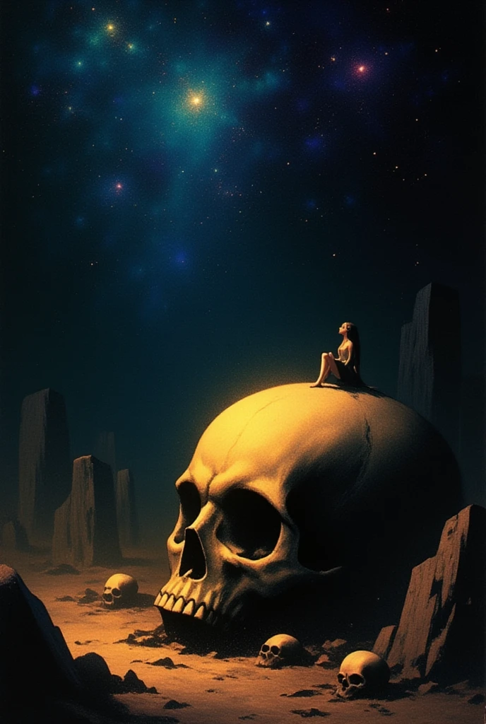   woman sitting on the side of a luminous skull、 Skulls are the only light source、Dark Desert 、Moebiusの絵にインスパイアされたエッチング, hieronymus bosch and Moebius,  Jean Girard and Waterhouse , ( Moebius ), inspired by jean Moebius giraud, in the stlye of Moebius, by jean Moebius giraud, 