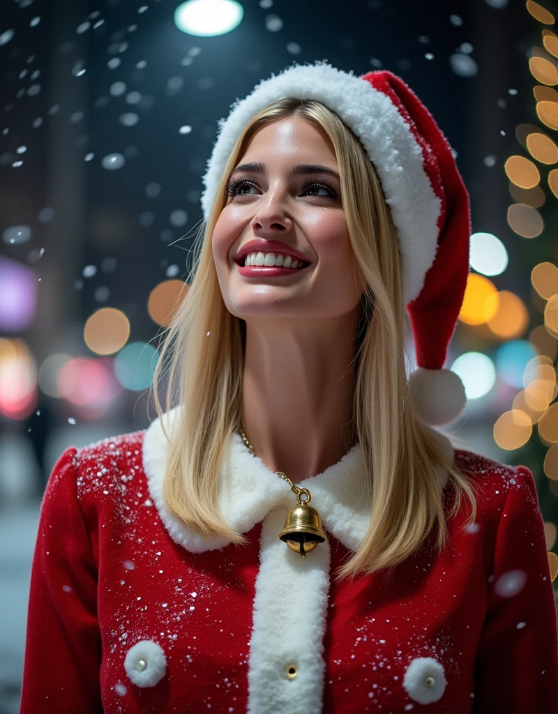  Writing  decoration silver and black Italic letter, "White Christmas", writing bottom screen,  X mas gold western bell small neck less,  Look up at the sky,  face close up ,open hands, 1 female , name is Ivanka Trump,  (blonde middle hair, blue eye ,smile),  Santa Claus costume,  Santa hat and shoes, fall many snow, White Christmas, in New York , night, (masterpiece, highest quality, High resolution, Photo realistic, sharp, RAW Photos, wallpaper, perfection, Professional Lighting, Very detailed)