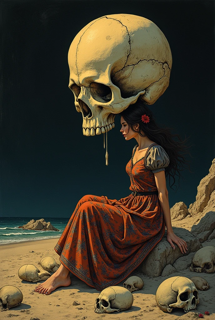   woman sitting on the side of a luminous skull、 Skulls are the only light source、Dark Desert 、Moebiusの絵にインスパイアされたエッチング, hieronymus bosch and Moebius,  Jean Girard and Waterhouse , ( Moebius ), inspired by jean Moebius giraud, in the stlye of Moebius, by jean Moebius giraud, 