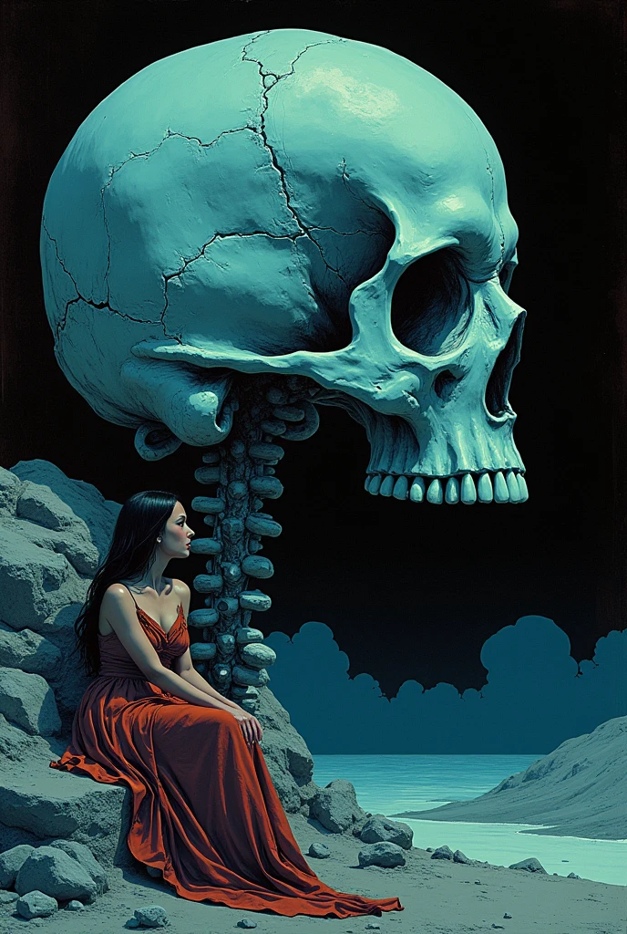   woman sitting on the side of a luminous skull、 Skulls are the only light source、Dark Desert 、Moebiusの絵にインスパイアされたエッチング, hieronymus bosch and Moebius,  Jean Girard and Waterhouse , ( Moebius ), inspired by jean Moebius giraud, in the stlye of Moebius, by jean Moebius giraud, 