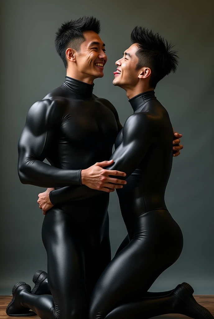 ((masterpiece)), ((best quality:1.2)), High Resolution, 8k, (ultra_realistic:1.3), (photorealistic:1.4), sharp focus, (((3 naked boys))), (several naked boys), (mmm threesome), ((they all have the same height and body shape)), ((sandwiched:1.6)), (looking down), ((wet long blue sleeves compression bodysuits expose the penis:1.2)), beautiful muscular naked men, messy short black hair, (manly), muscular men, (bright white skin), blush, perfect male cute face, ((clean shaved face)), ((clean shaved chest)), broad shoulders, muscular arms, (biceps and muscle triceps detailed:1.3)), thin muscular thighs, (large pectorals), (narrow waist), (hip bones), detailed bottom, Sufi style hair the 3boys, one boy with a naughty face, another serious boy and the other with glasses and smart face, long big penis, man penis, perfect penis in good shape, flawless penis , cumshot,