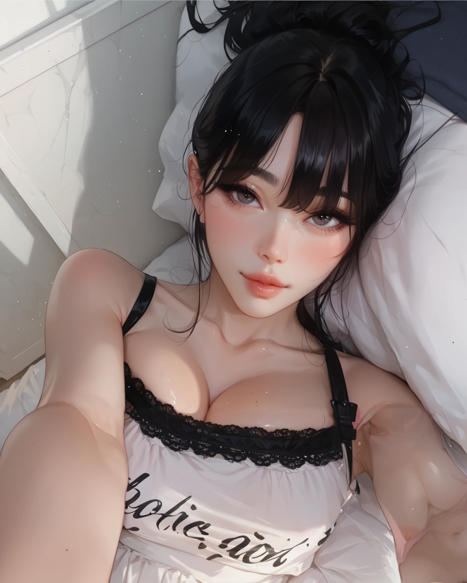 A korean girl, mirror selfie, bangs, long hair, black hair, big boobs, saggy boobs, open chest outfit, sexy, manhwa art style, very big boobs