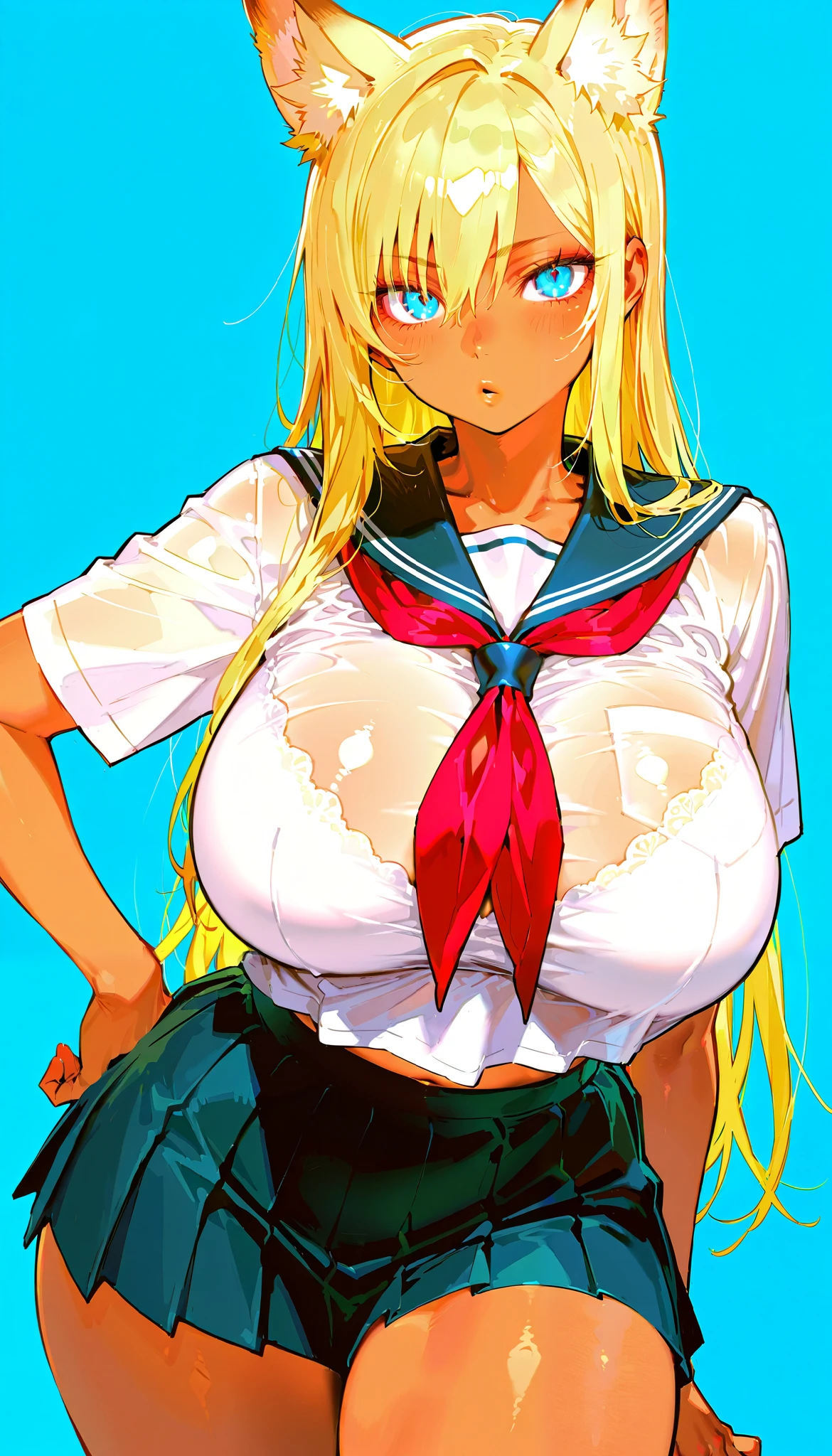 score_9, score_8_ up, score_7_ up,( High Quality , High Definition ),(Brown Skin:1.3),( fox ears), big eyes, clear eyes, perfect eyes,(目の上に long hair),(( side part hair )), blondes, long hair, straight hair ,Delinquent Girl, gal,((huge breasts)),((School Uniform)),(Curvy),( Wide Hips),Fight