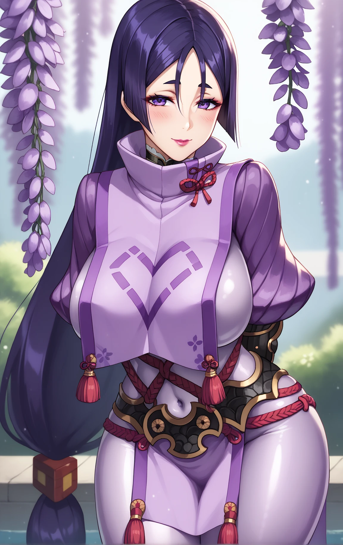 score_9, score_8_up, score_7_up, score_6_up, looking at viewer,  BREAK
MainOutfit_Raikou_ownwaifu, 
1girl, minamoto no raikou (fate), purple hair, parted bangs, purple eyes, large breasts, thighs, high collar, curvy, hair between eyes, long hair, makeup, bangs, lipstick, low-tied long hair, ponytail, 
 purple bodysuit, fingerless gloves, black gloves, tabard, ribbed sleeves, arm guards,  covered navel, japanese armor, loincloth, armor, kote, tassel, sheath, pelvic curtain, quiver, wagashi,
(leaning forward, arms behind back), cowboy shot, garden, wisteria, outdoors, depth of field, solo, bigger ass, bigger boobs