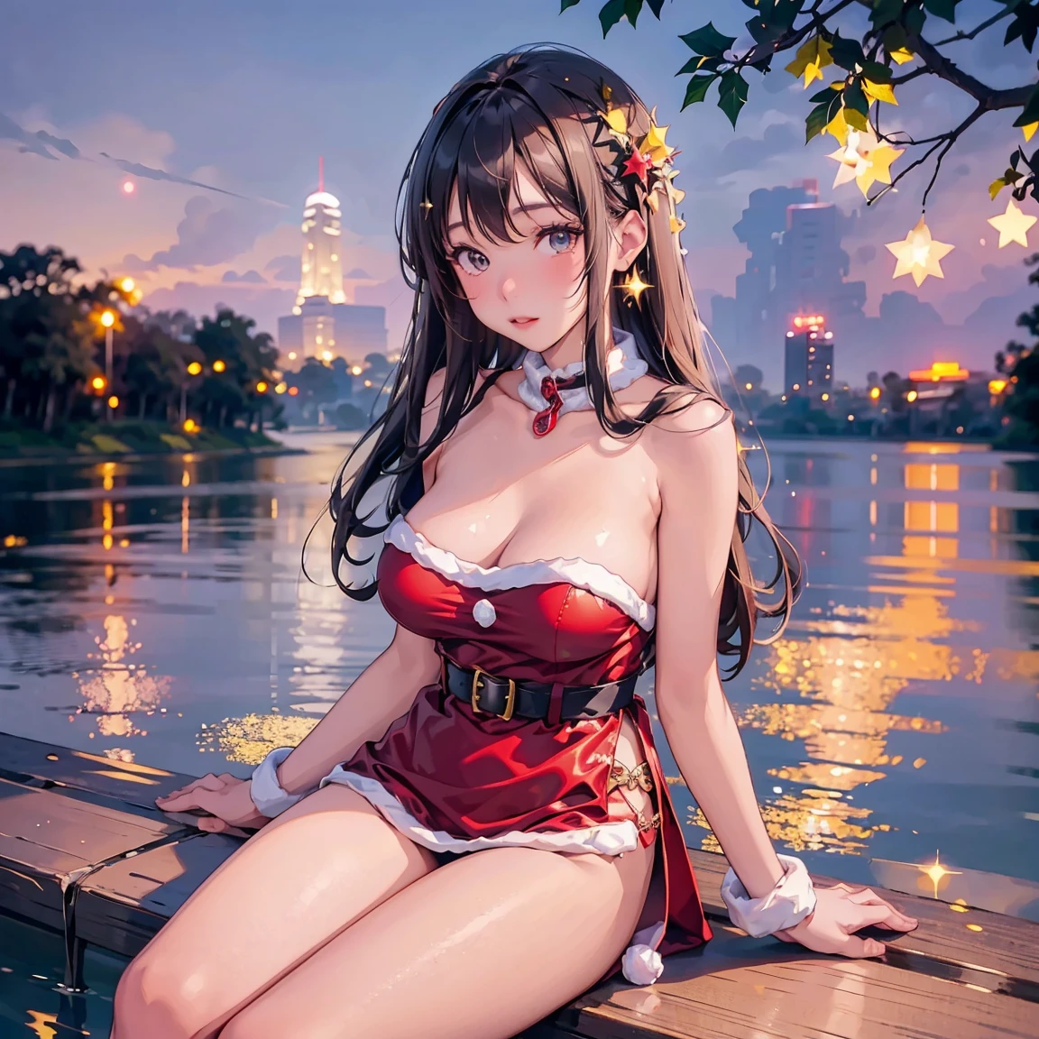 A cute woman (cute, age 22, sexy Christmas outfit, sparkles in eyes), sits on the shore of a lake in a Bangkok park at night, fireworks light up the night
