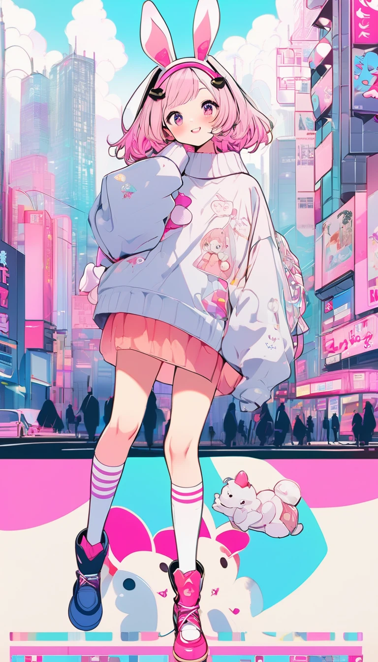 Quite strong deformation、 cute anime girl with a very low head and body 、 cute rabbit ears is laughing、Bold poses、Dreamy and cute、Sickly cute、Simple oversized pullover、 Knee High Socks、city background、Poster Style、flat-colors、A meticulously calculated 、Placed motifs、High design quality、 kitschy aesthetics 