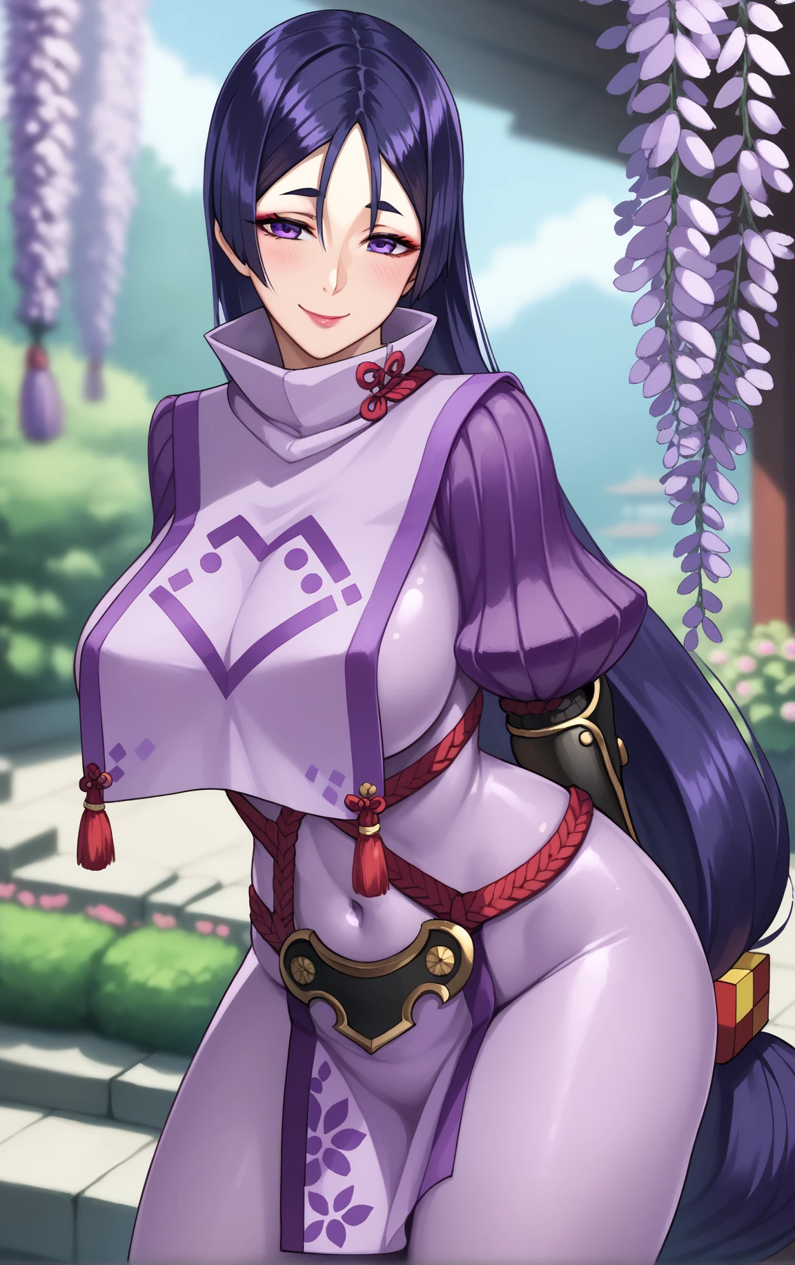 score_9, score_8_up, score_7_up, score_6_up, looking at viewer,  BREAK
MainOutfit_Raikou_ownwaifu, 
1girl, minamoto no raikou (fate), purple hair, parted bangs, purple eyes, large breasts, thighs, high collar, curvy, hair between eyes, long hair, makeup, bangs, lipstick, low-tied long hair, ponytail, 
 purple bodysuit, fingerless gloves, black gloves, tabard, ribbed sleeves, arm guards,  covered navel, japanese armor, loincloth, armor, kote, tassel, sheath, pelvic curtain, quiver, wagashi,
(leaning forward, arms behind back), cowboy shot, garden, wisteria, outdoors, depth of field, solo, bigger ass, bigger boobs, erotic smile