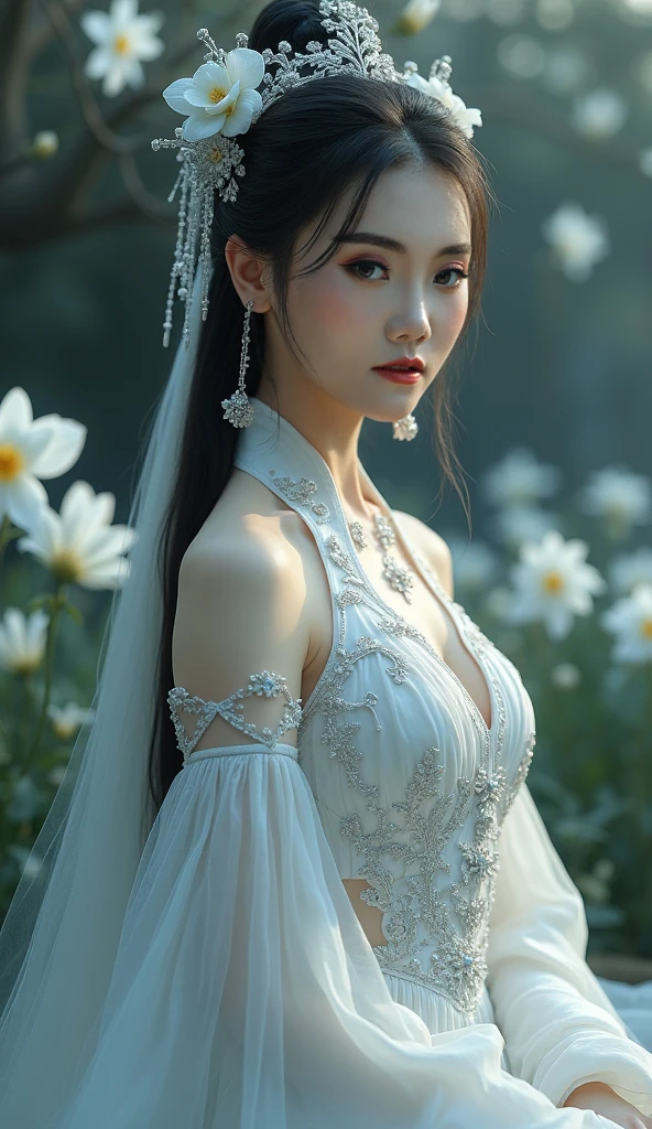 a close up of a woman in a dress near a body of water, ethereal beauty, white hanfu, ao dai, palace , a girl in hanfu, cheongsam, wearing a luxurious silk cloak, a stunning young ethereal figure, wearing beautiful clothes, beautiful goddess, detailed dress and face, ruan jia beautiful!, chinese dress, with acient chinese clothes