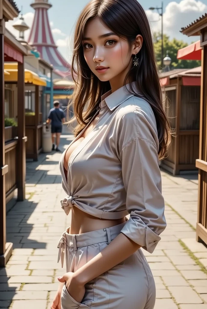 A busty woman in shorts Walking through the city streets with beautiful shoes and braided hair in a complex, elegant style is portrayed in a stunning scene. Your braided hair displays a variety of patterns and textures, demonstrating skill and art in creating the hairstyle. The woman is portrayed with a confident posture, sorridente e orgulhosa, destacando sua beleza e autenticidade. Your facial features are distinct and expressive, reflecting your individuality and inner strength. The scene is softly lit, highlighting the details of the braided hair and the beauty of the woman. Your presence is captivating, conveying a sense of grace and determination. This depiction of a black woman with braided hair is a celebration of black culture and beauty., capturing the elegance and pride of a traditionally significant hairstyle. na rua na praca