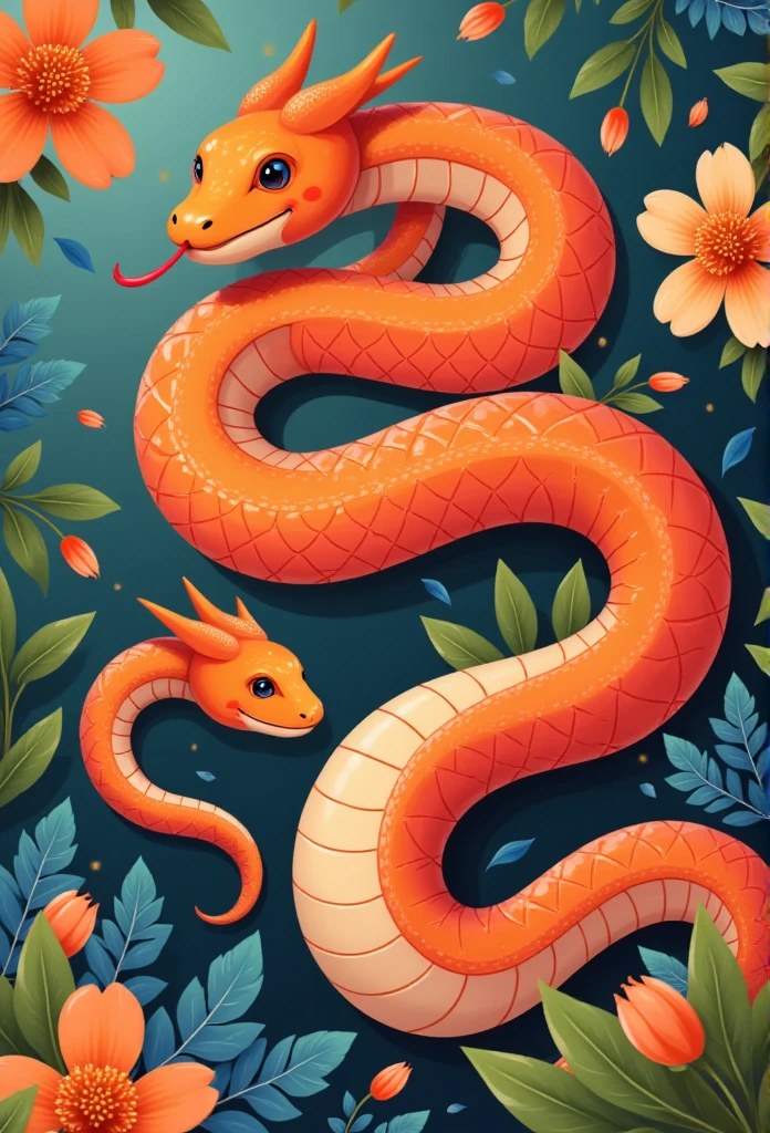 cute snake 
Snake poster,  uses flat, colorful styles and geometric patterns .  lines and shapes that are eye-catching , color matching is full of vitality , This cartoon image uses traditional artistic elements I'm incorporating it, and the expression is vibrant ,red,